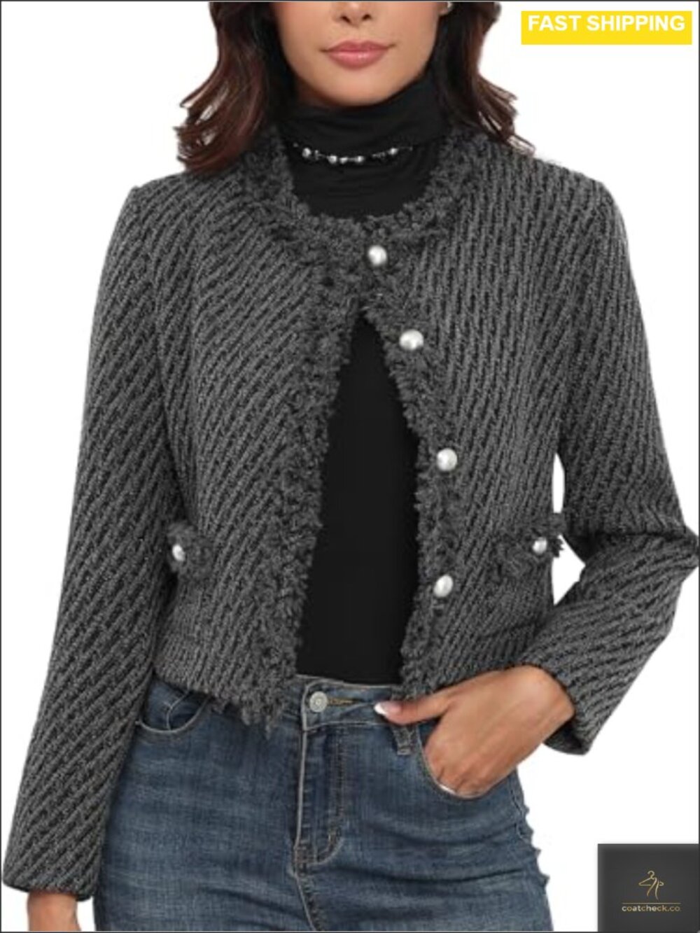 Tweed Blazer Women Cropped Collarless Pockets Business Casual